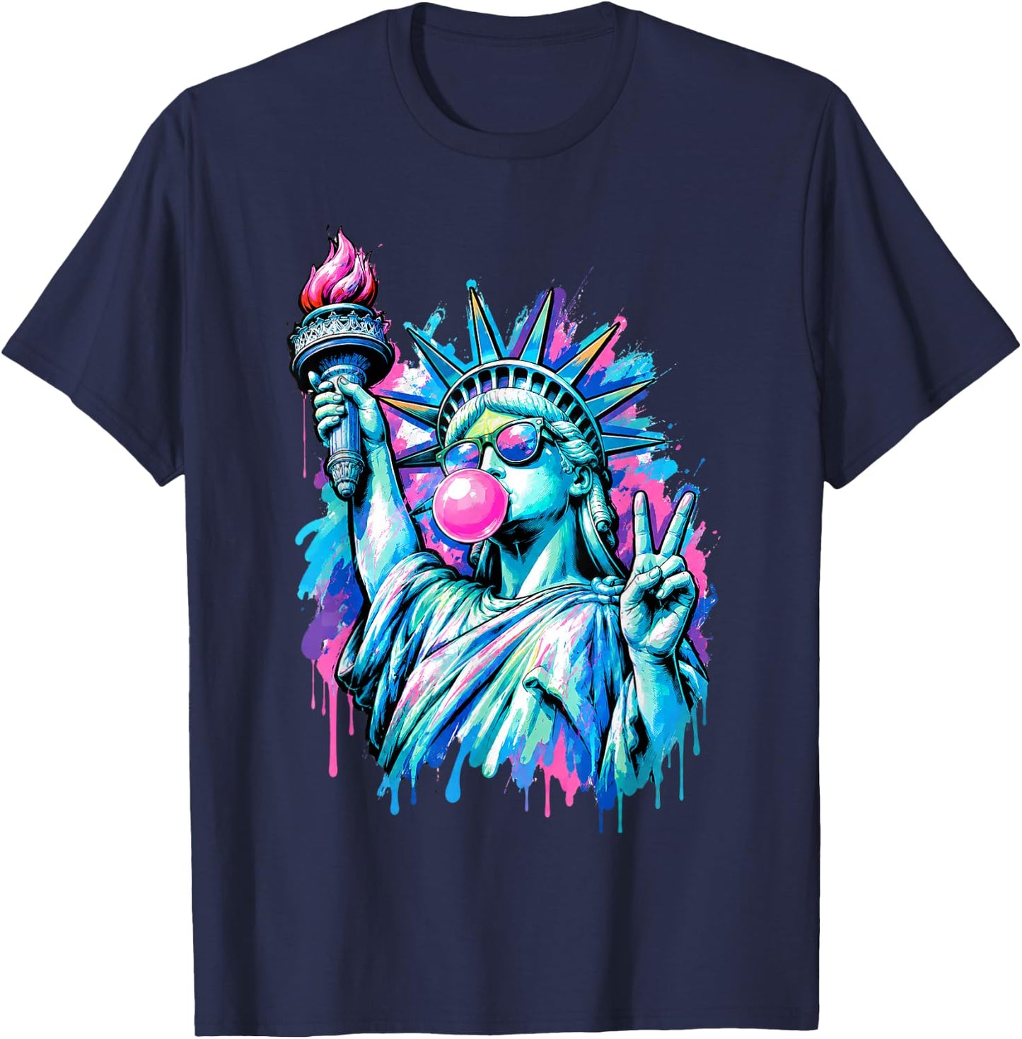 Funny Statue of Liberty Blowing Bubble Gum 4th of July Girl T-Shirt - T-Shirt | Navy