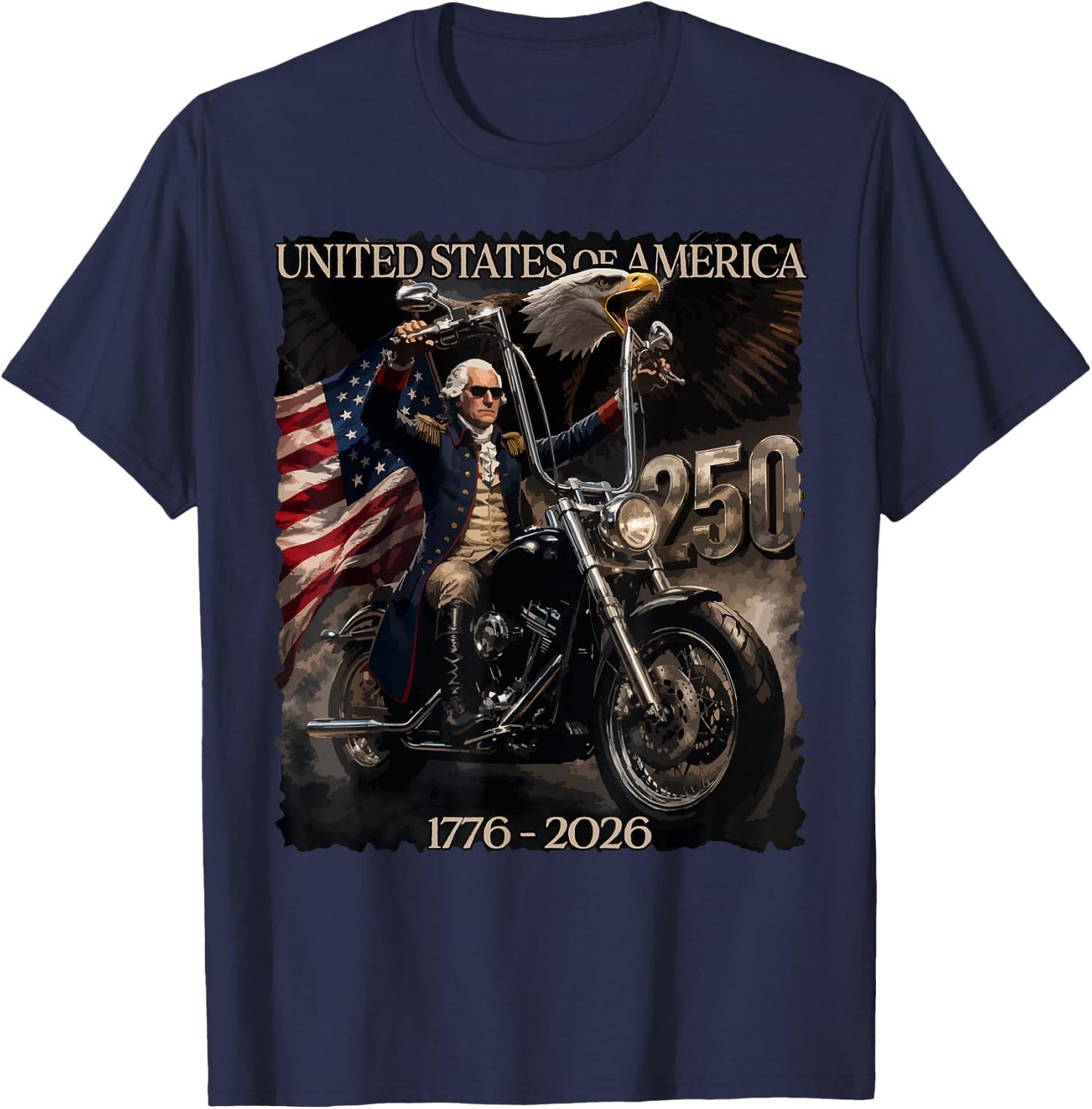 250 Years George Washington Riding a Motorcycle 1776-2026 T-Shirt - T-Shirt | Navy