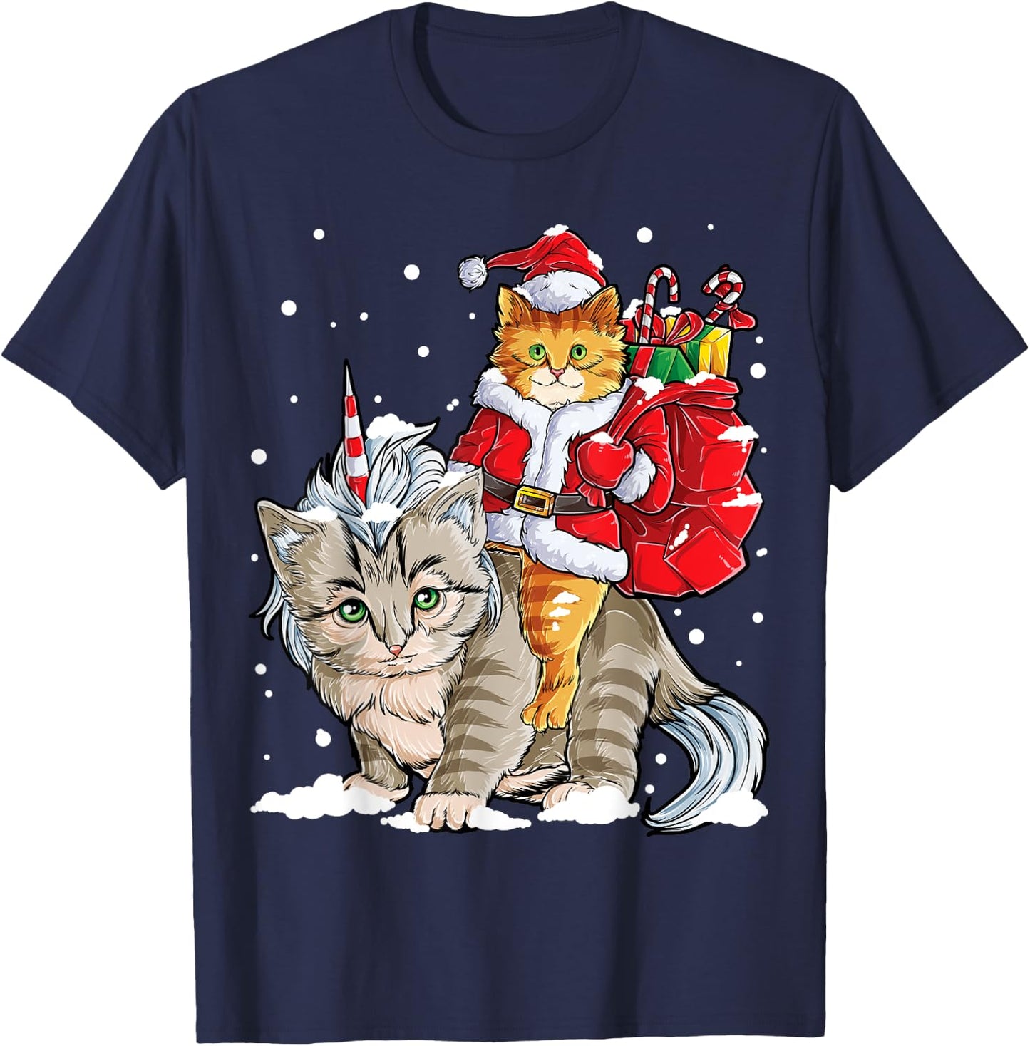 Cat Christmas Santa Caticorn Unicorn Meowy Catmas Xmas Girls T-Shirt - T-Shirt | Navy