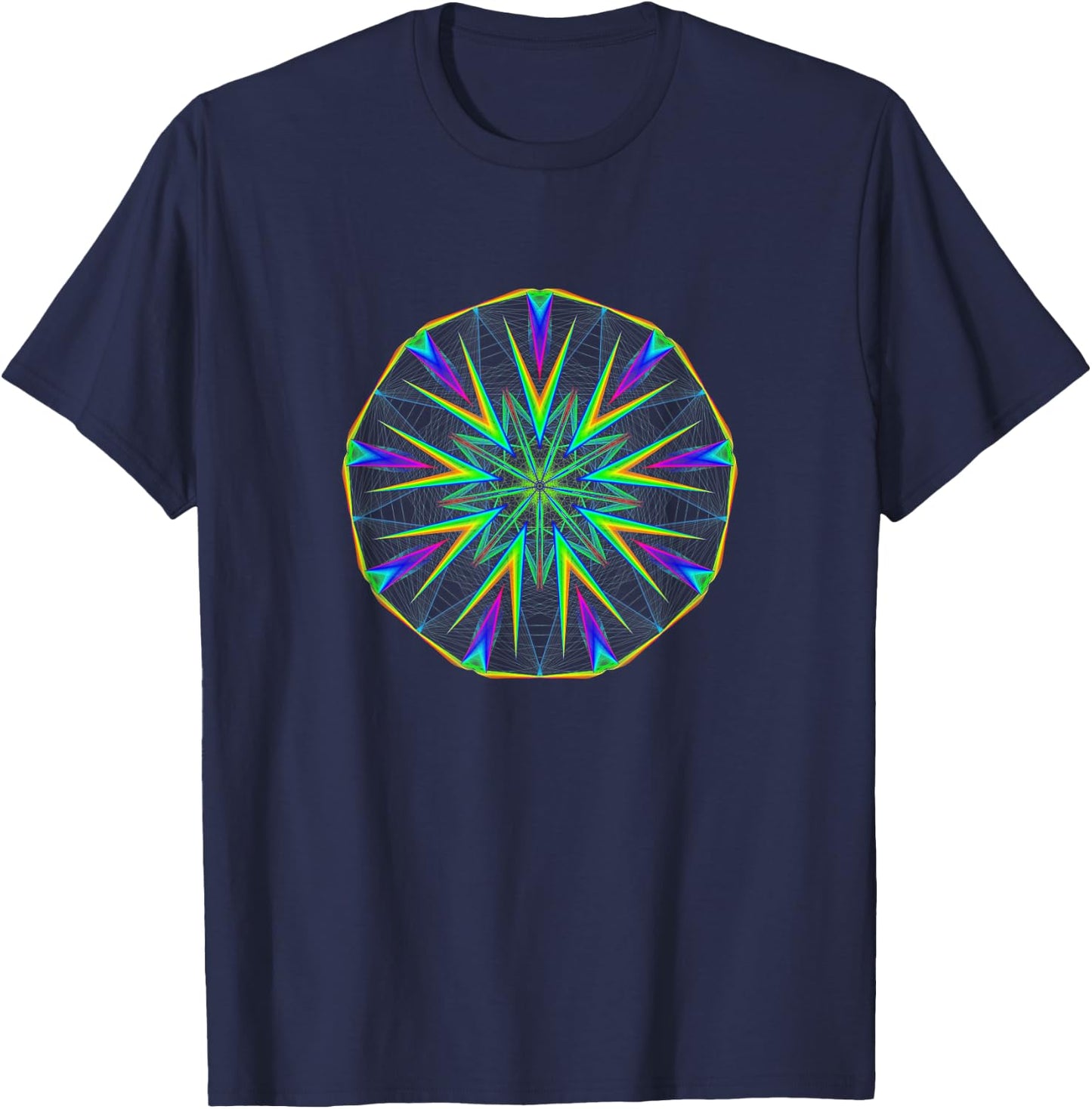 Bright Colors Angular Mandala Geometry Kaleidoscope Effect T-Shirt - T-Shirt | Navy