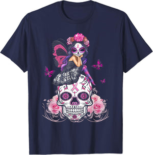 Cute Fairy Sugar Skull Breast Cancer Butterfly Pink Ribbon T-Shirt - T-Shirt | Navy