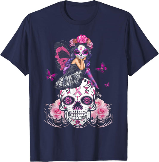 Cute Fairy Sugar Skull Breast Cancer Butterfly Pink Ribbon T-Shirt - T-Shirt | Navy