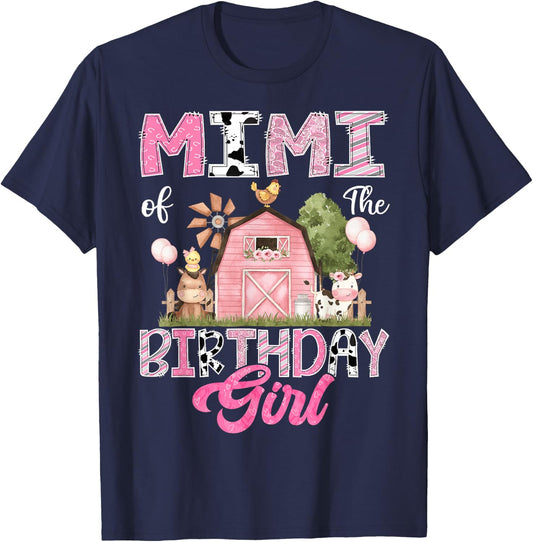 Mimi Of The Birthday Girl Farm Cow Pink 1St Birthday T-Shirt - T-Shirt | Navy