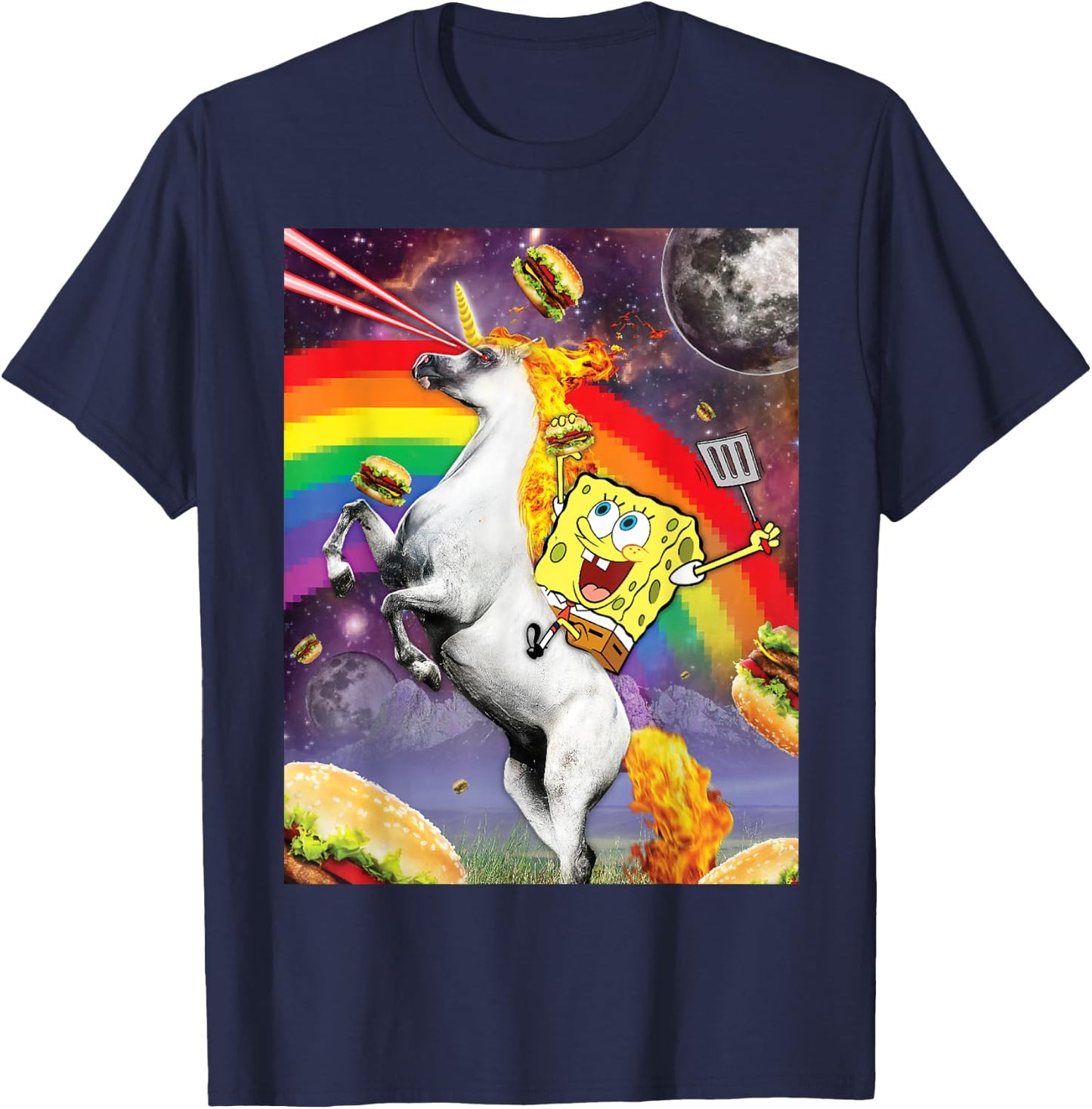 Spongebob SquarePants Unicorn Riding With Rainbow T-Shirt - T-Shirt | Navy