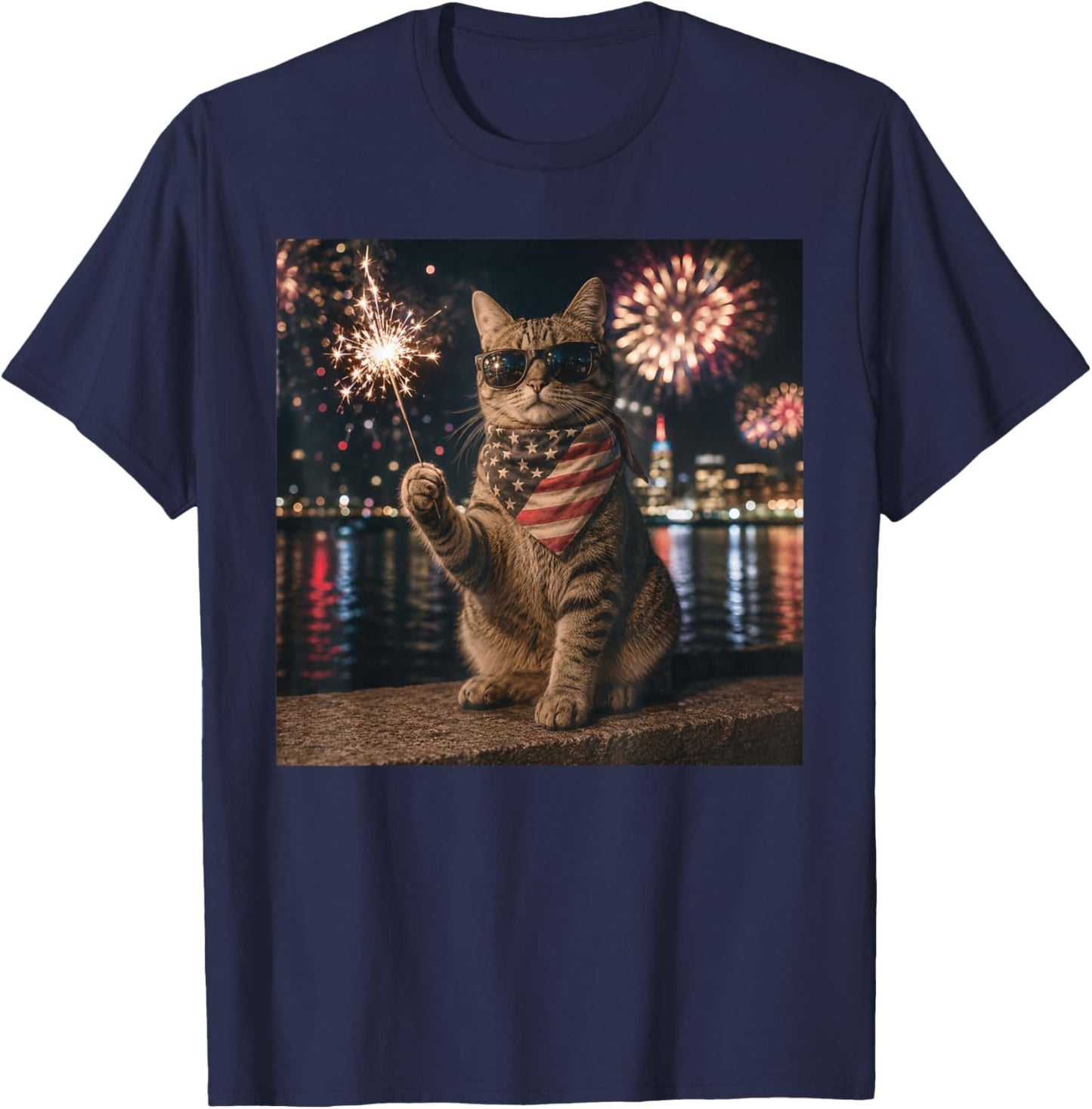 Funny Cat Fireworks Meme Patriotic 4th of July Cat Lovers T-Shirt - T-Shirt | Navy