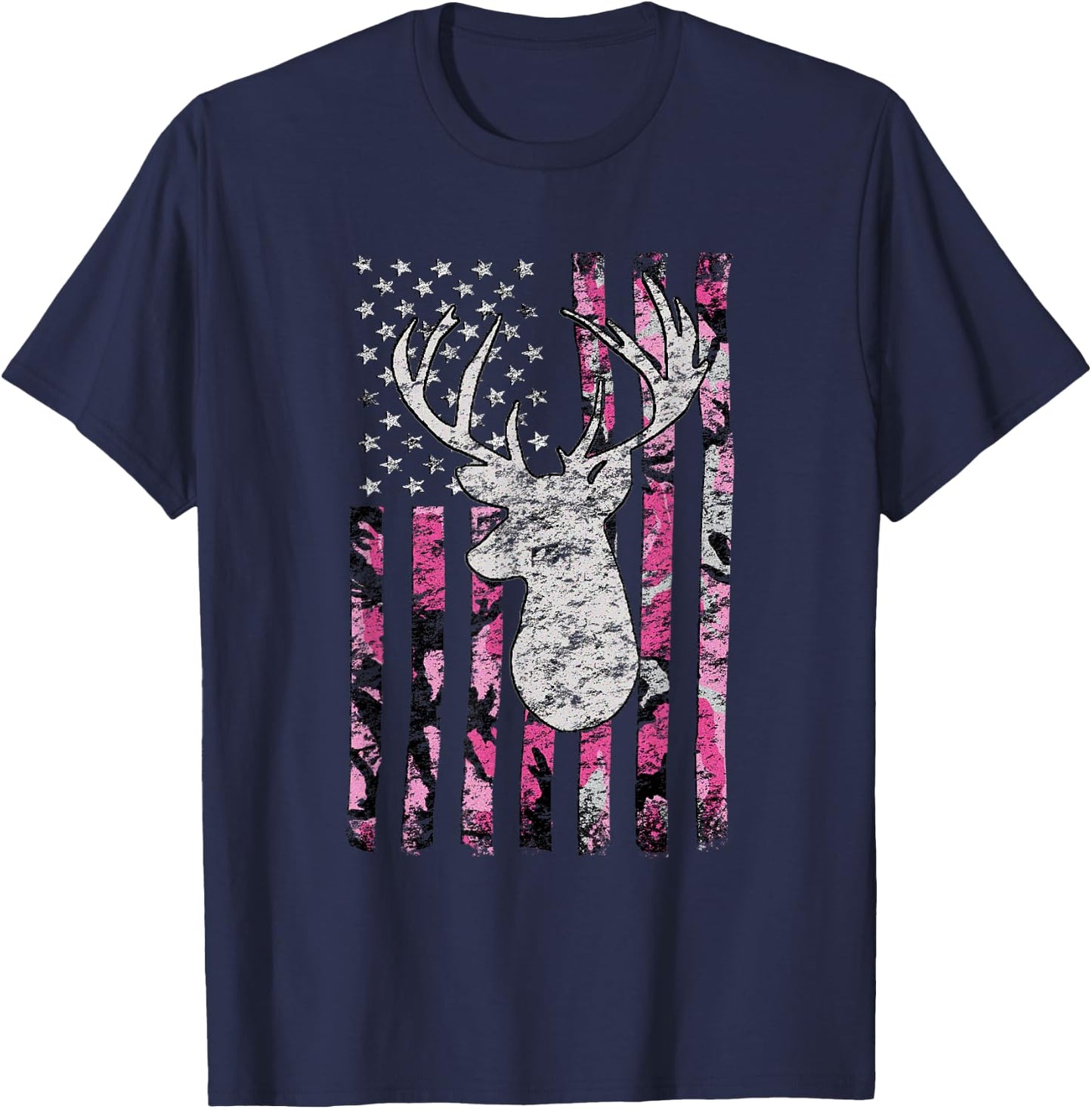 Deer Hunting Buck Pink Camouflage Flag T-Shirt - T-Shirt | Navy