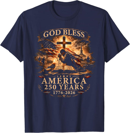 God Bless American Christian Cross Flag 250 Years 1776 2026 T-Shirt - T-Shirt | Navy