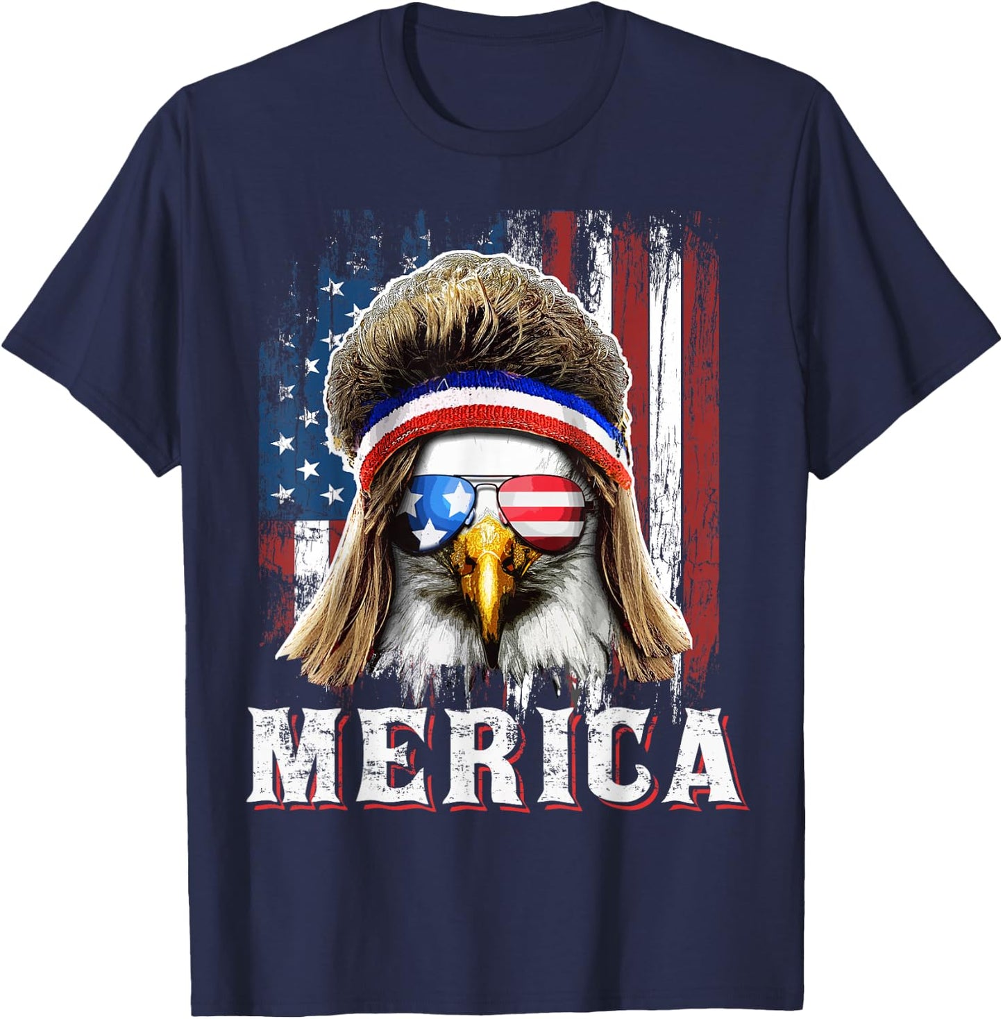 Merica Eagle Mullet 4th of July American Flag Stars Stripes T-Shirt - T-Shirt | Navy