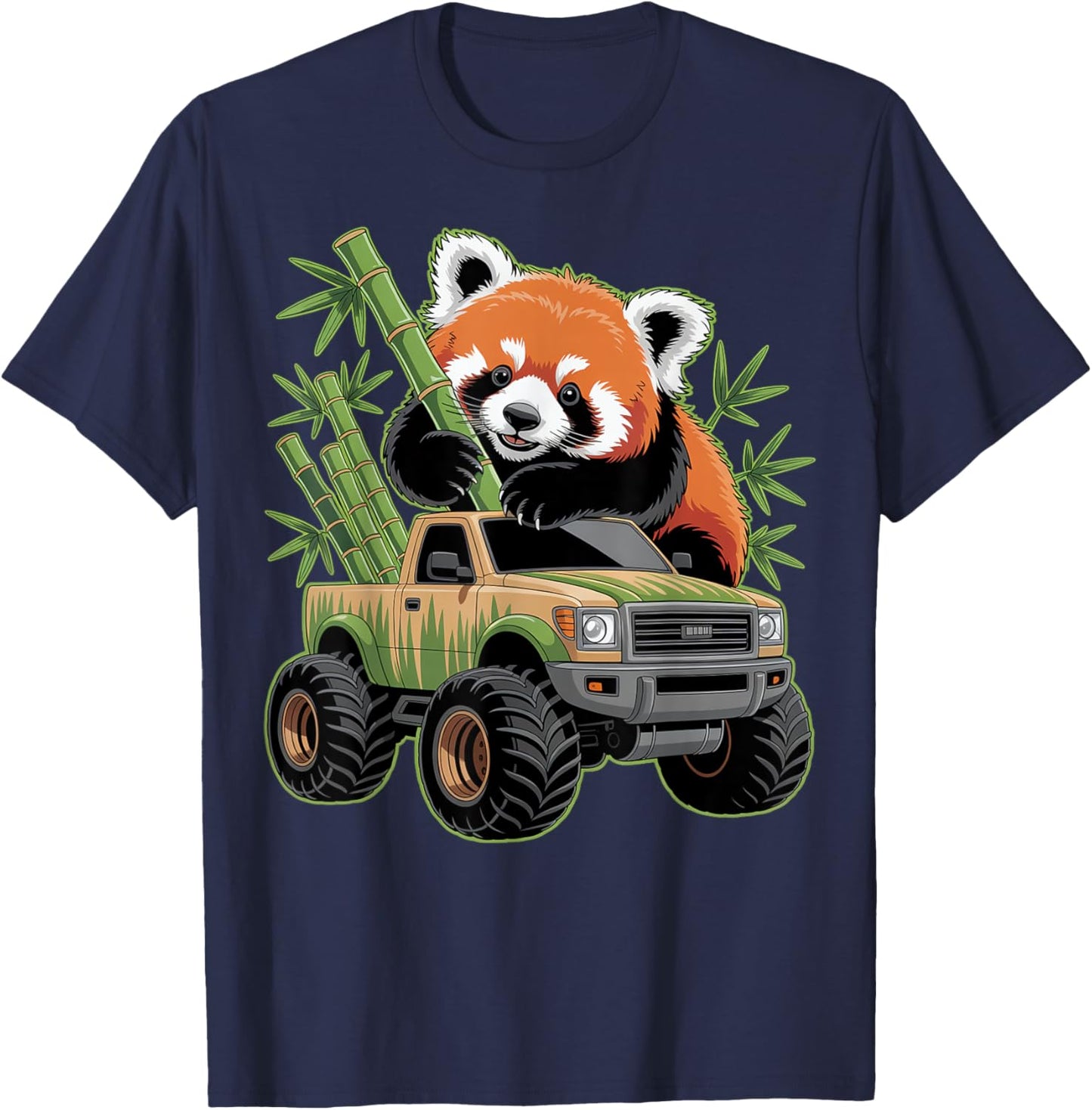 Cute Red Panda Monster Truck with Bamboo T-Shirt - T-Shirt | Navy