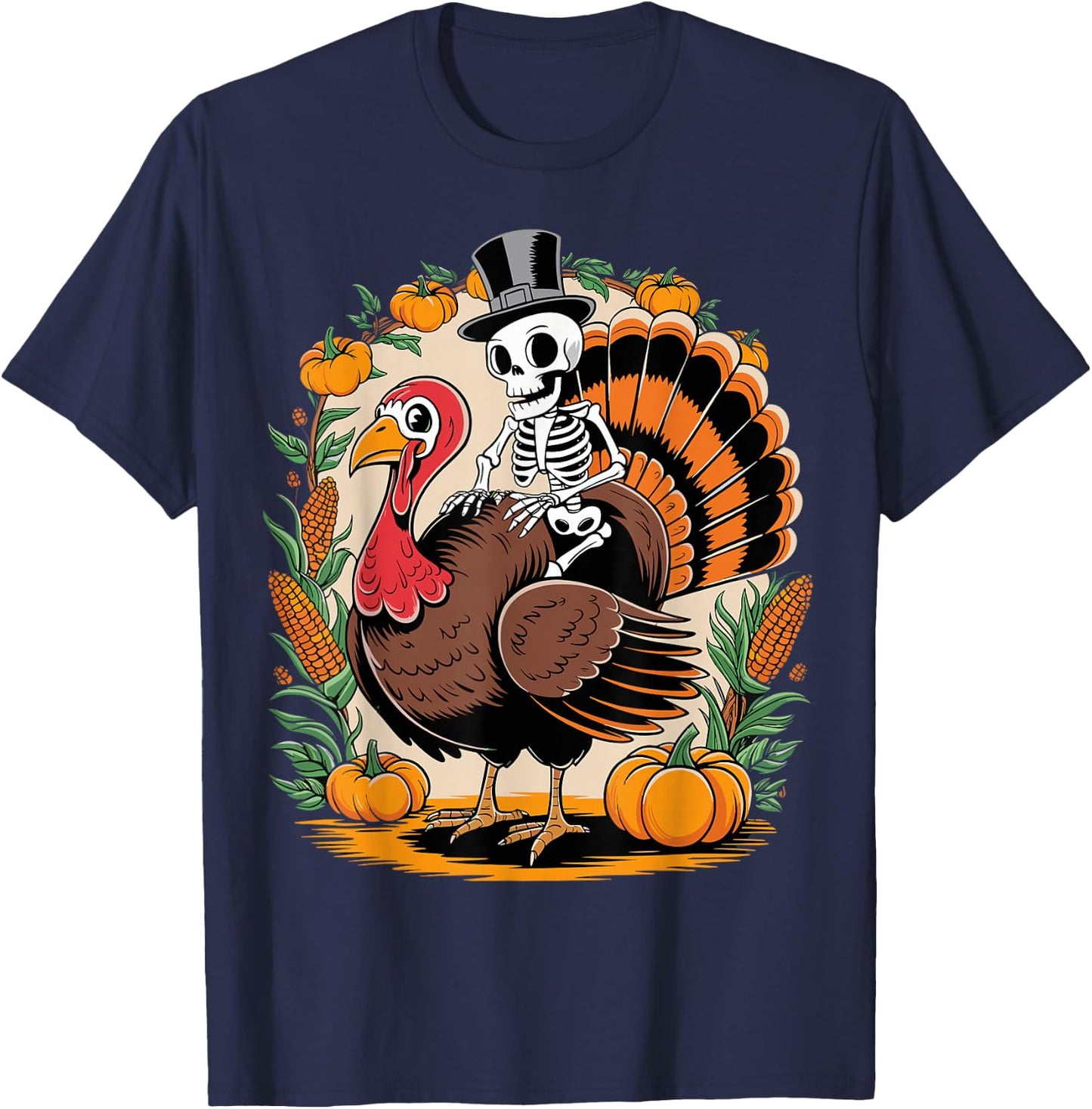 Skeleton Riding Turkey Thanksgiving Day Funny Fall Autumn T-Shirt - T-Shirt | Navy