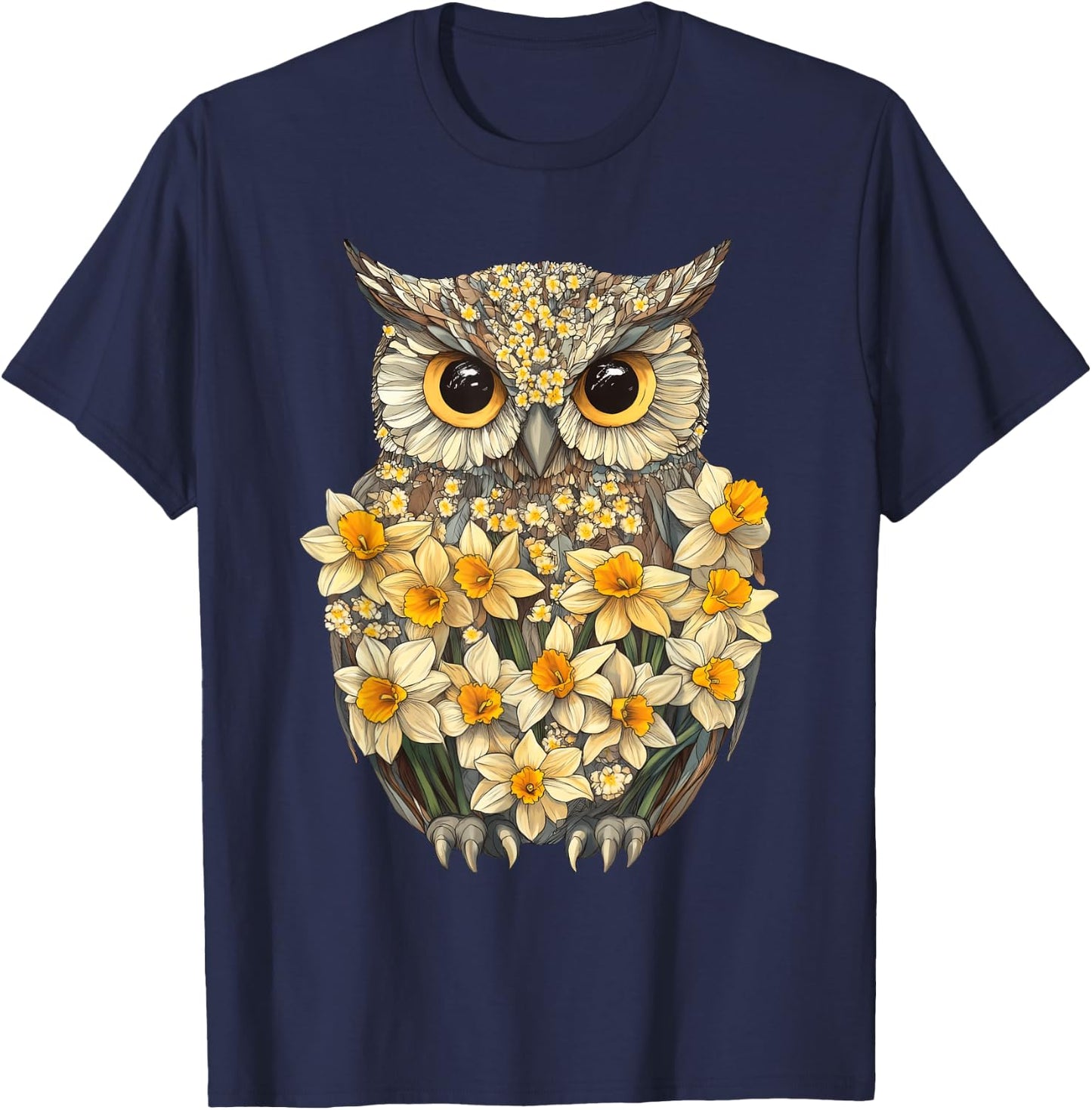 Daffodil Owl Flower Gardening Floral T-Shirt - T-Shirt | Navy