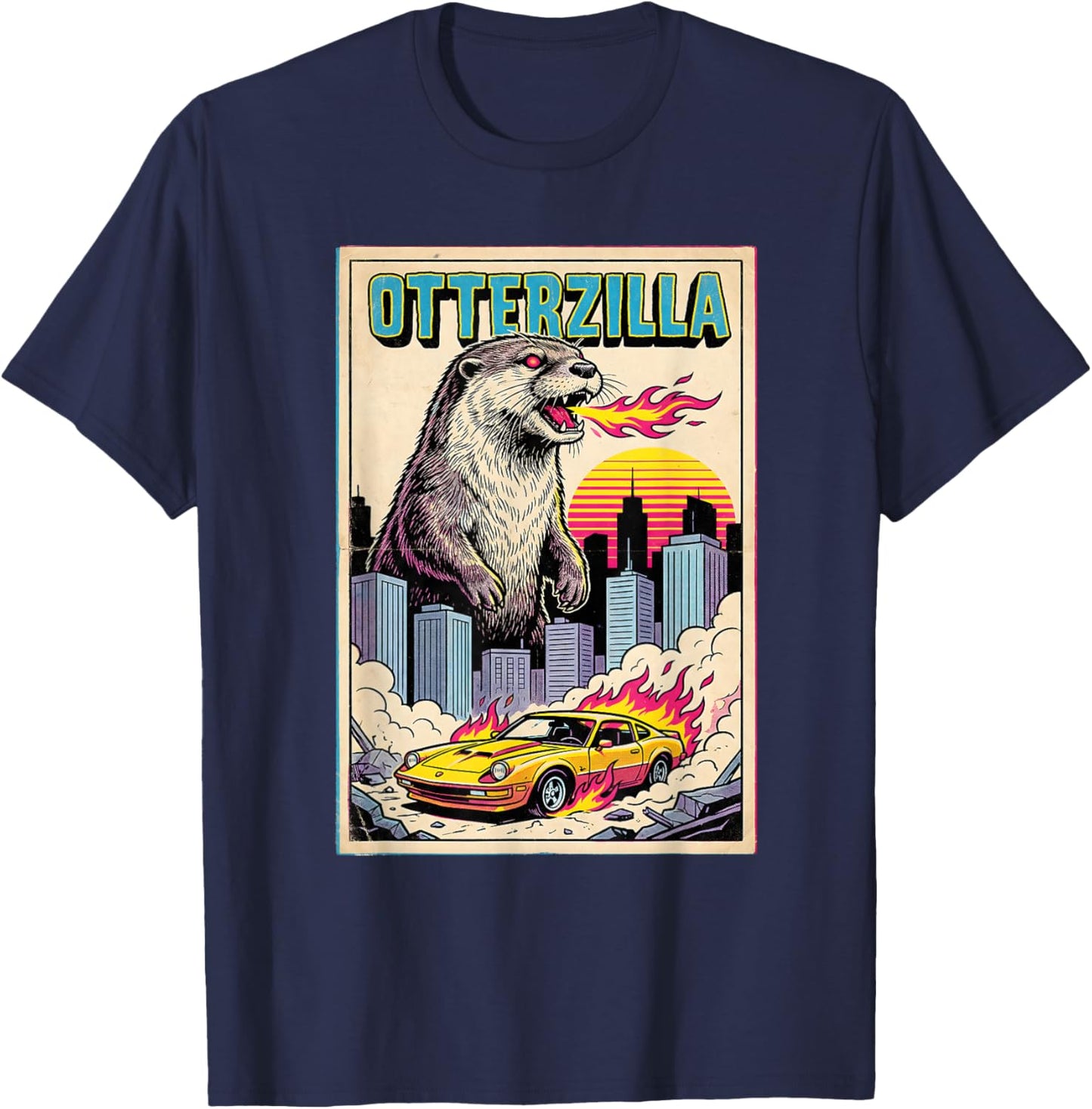 Cute Otter Kids Her Mom Dad Otterzilla Meme Toddler Retro T-Shirt - T-Shirt | Navy