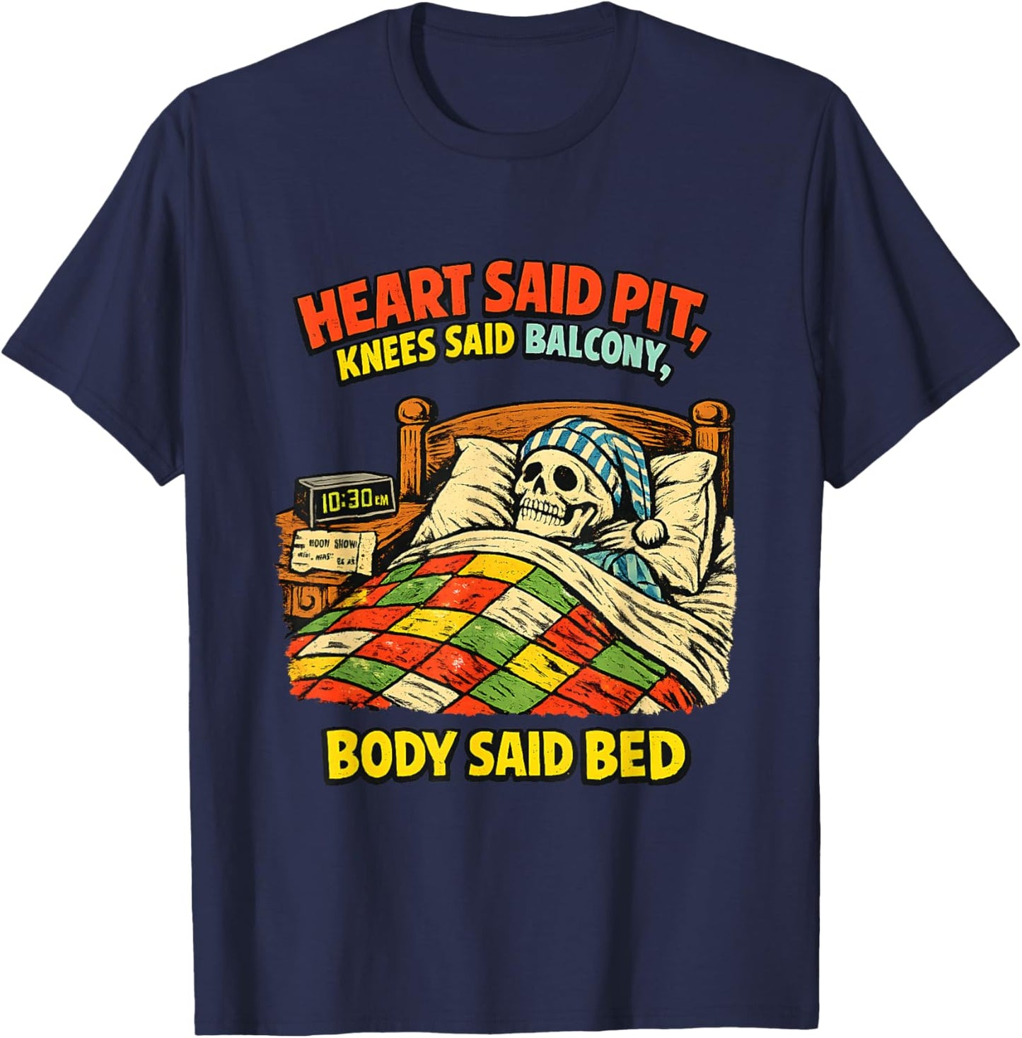 Funny Aging Metalhead Mosh Pit Concert Bed Recovery Skeleton T-Shirt - T-Shirt | Navy