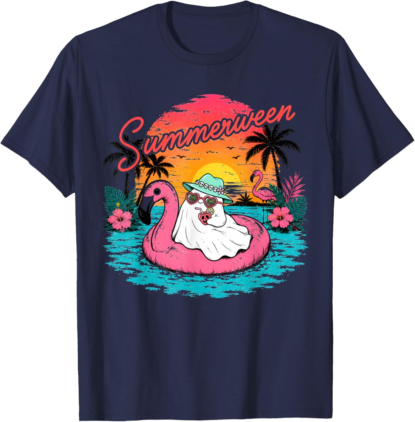 Summerween Funny Ghost Summer Halloween Vacation T-Shirt - T-Shirt | Navy