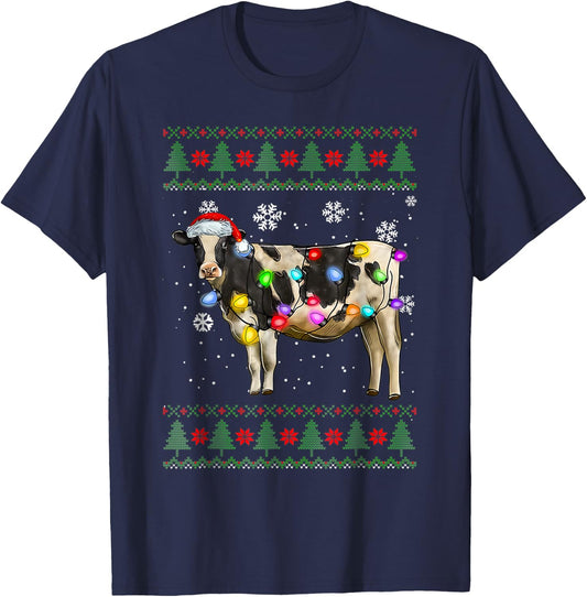 Ugly Cow Christmas Sweater Santa Hat and Light Up Xmas T-Shirt - T-Shirt | Navy
