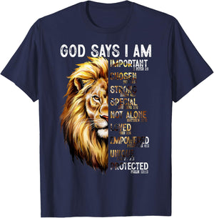 God Says I Am Christian Lion Men Religious Bible Verse T-Shirt - T-Shirt | Navy