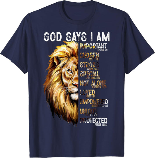 God Says I Am Christian Lion Men Religious Bible Verse T-Shirt - T-Shirt | Navy