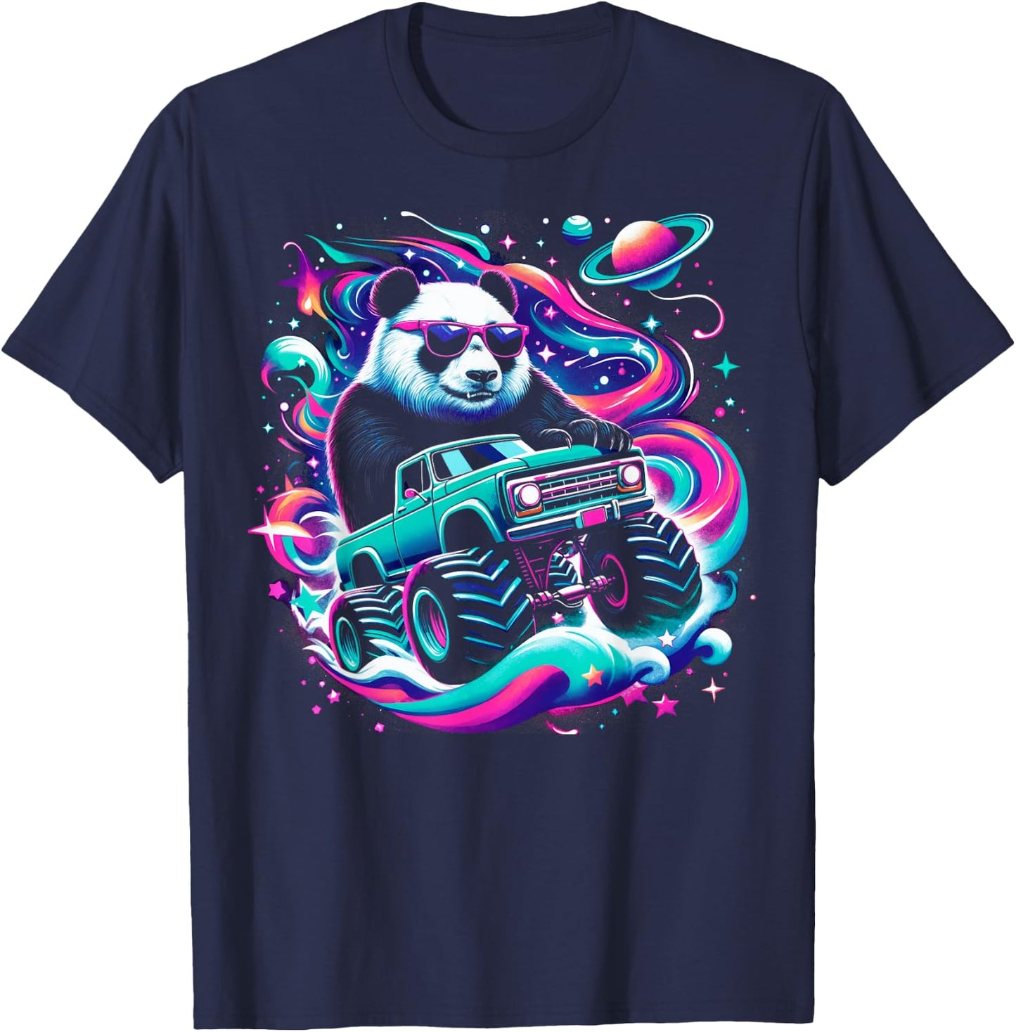 Cool Giant Panda Driving Monster Truck in Cosmic Space T-Shirt - T-Shirt | Navy