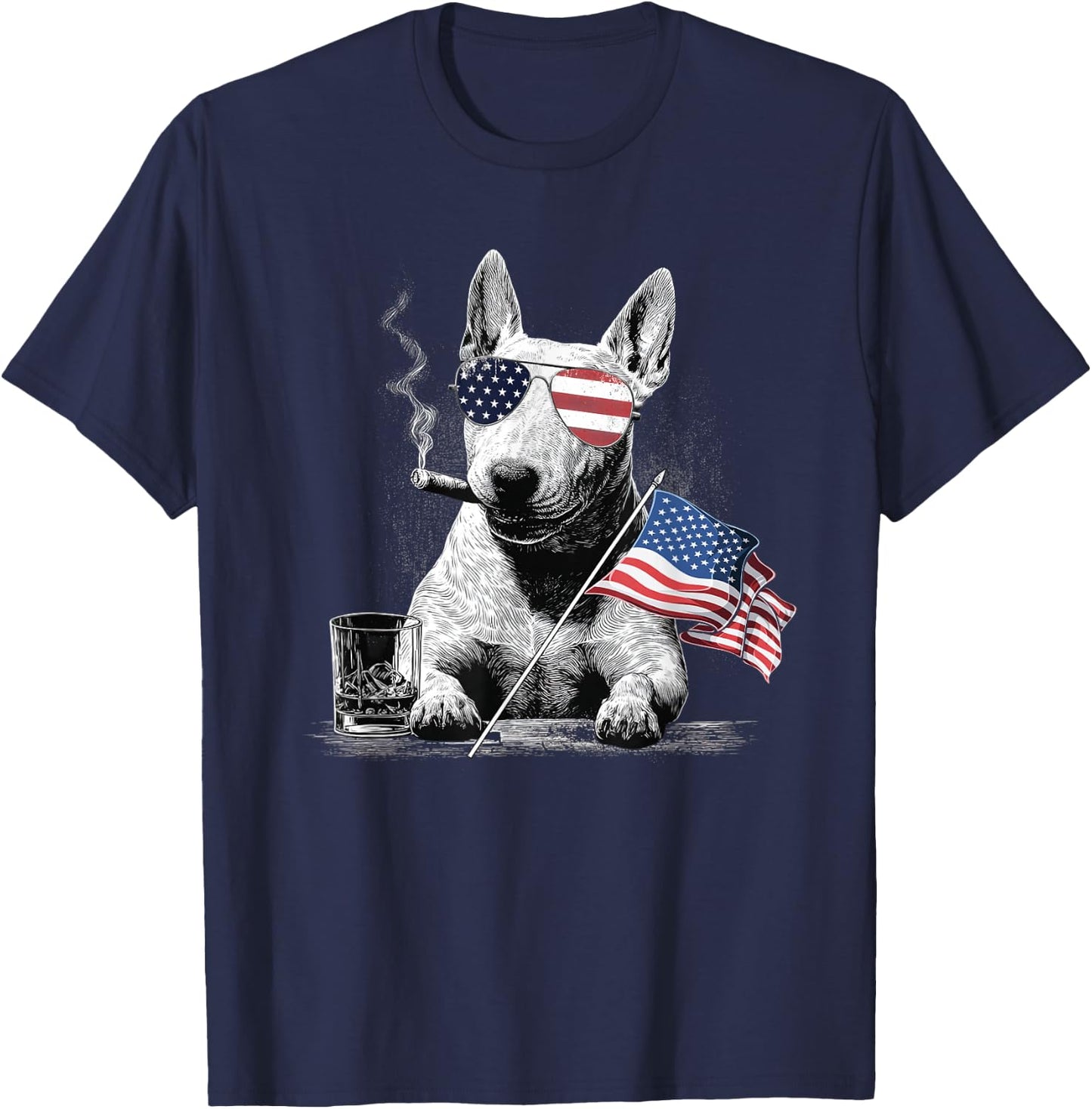 Bull Terrier Dog Dad Patriotic American Flag July Fourth T-Shirt - T-Shirt | Navy