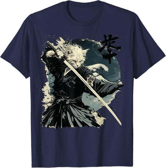 Japanese Cat Katana Japan Samurai T-Shirt - T-Shirt | Navy