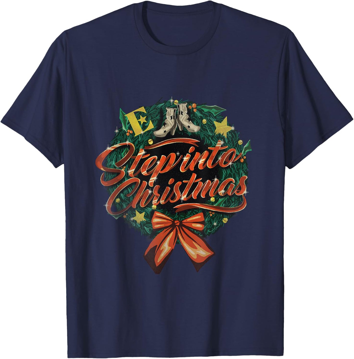 Elton John Official Step Into Christmas Wreath - -Adults, Black, Small, Short Sleeve T-Shirt - T-Shirt | Navy