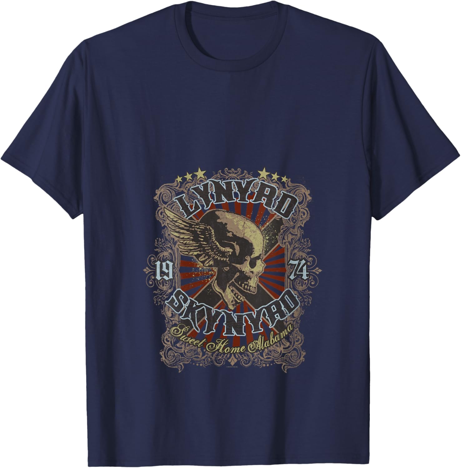 Women's Lynyrd Skynyrd Sweet Home Alabama Biker 1974 Skull Vintage V-Neck T-Shirt - T-Shirt | Navy