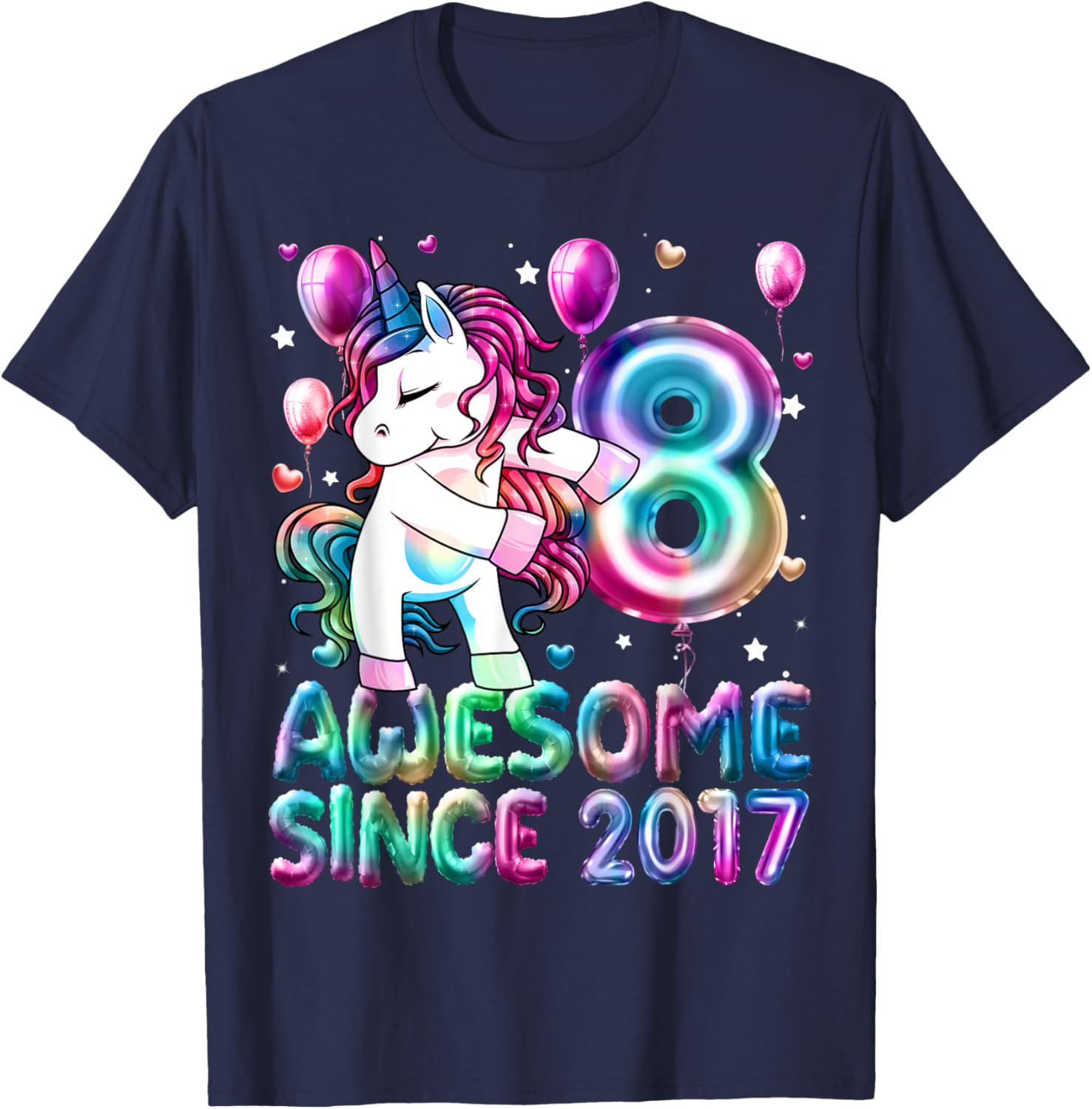 Flossing Unicorn 8 Year Old 8th Birthday Girl Unicorn Party T-Shirt - T-Shirt | Navy