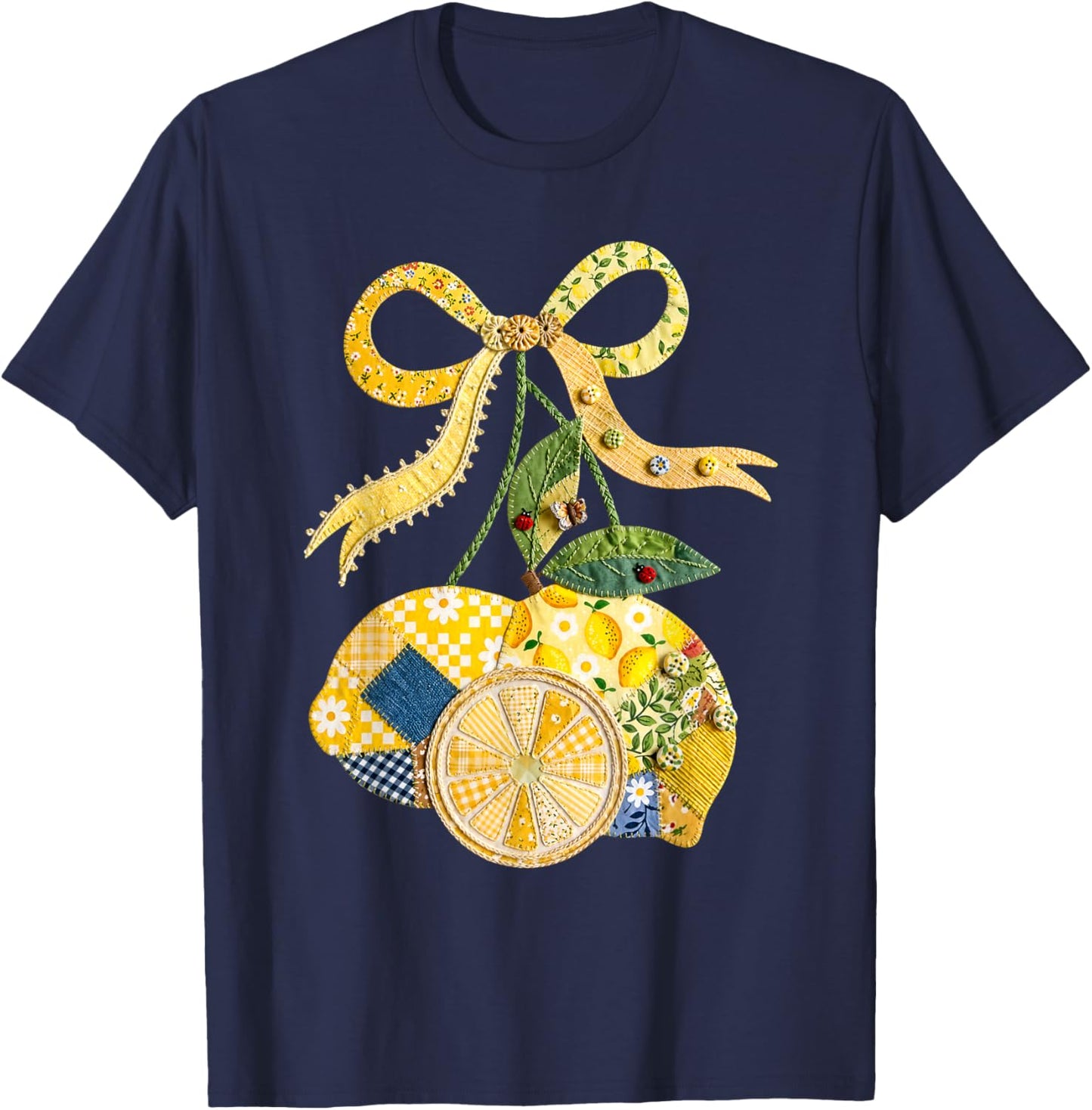 Summer Vacation Lemon Patchwork Coquette Bow Hawaii Beach T-Shirt - T-Shirt | Navy