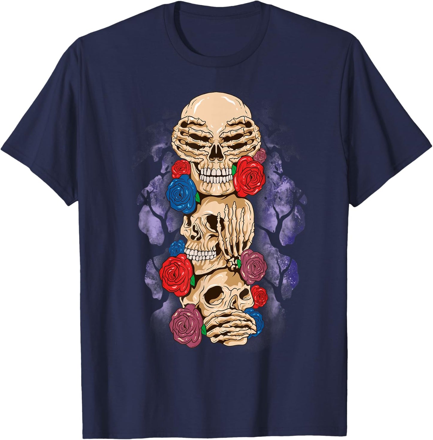 Skull Halloween See No Evil Hear Speak Wise Monkey Rose T-Shirt - T-Shirt | Navy