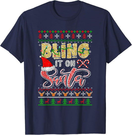 Bling Costume Santa Christmas Decorating Colorful Sweater T-Shirt - T-Shirt | Navy