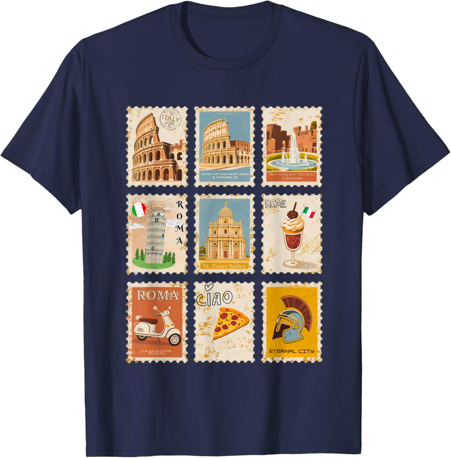 Italian Heritage Rome Landmarks Retro Vintage Stamps T-Shirt - T-Shirt | Navy
