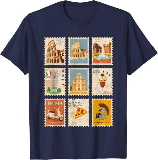 Italian Heritage Rome Landmarks Retro Vintage Stamps T-Shirt - T-Shirt | Navy