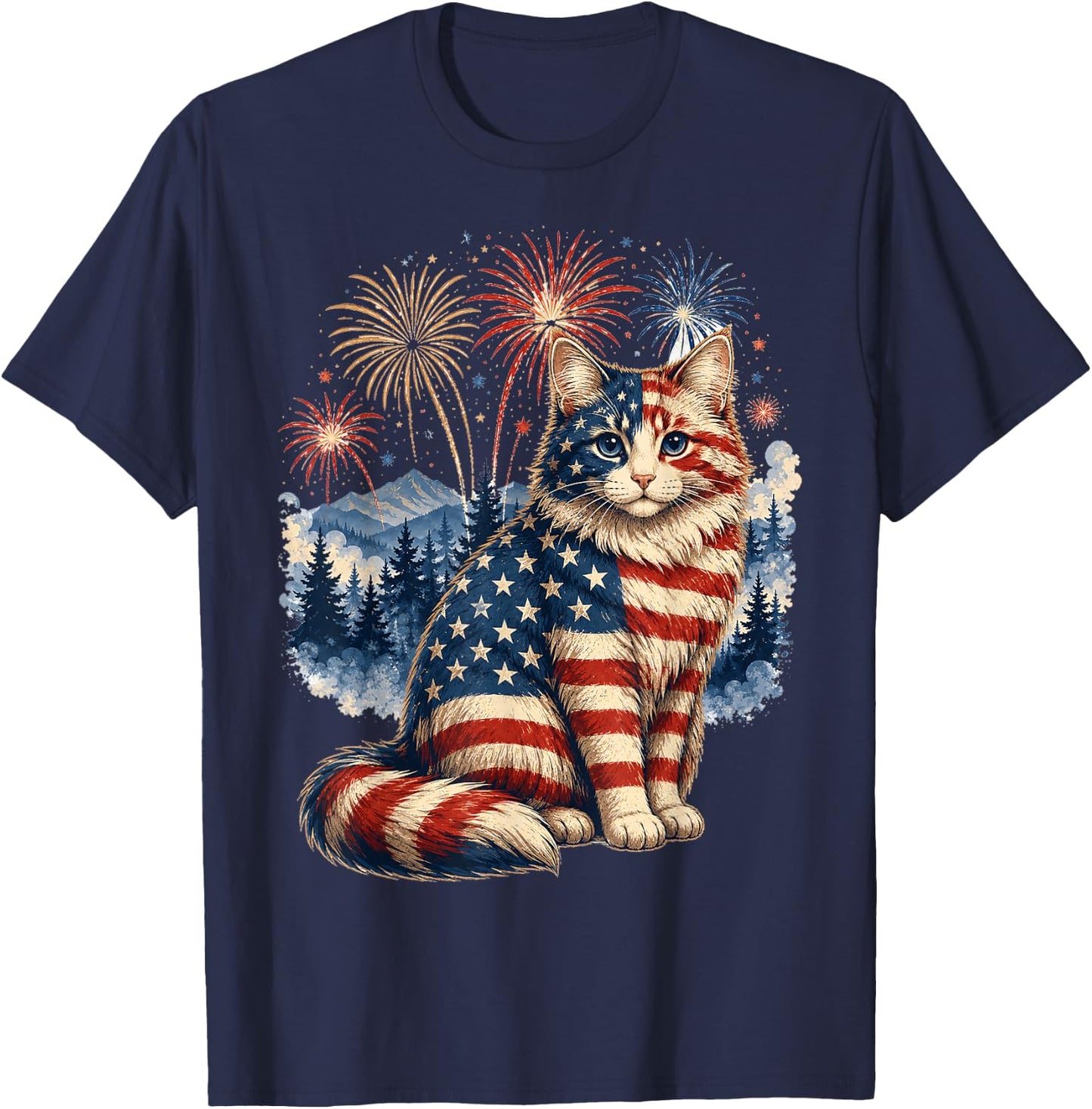 Patriotic Cat Firework 1776 2026 Gifts Women Kids T-Shirt - T-Shirt | Navy