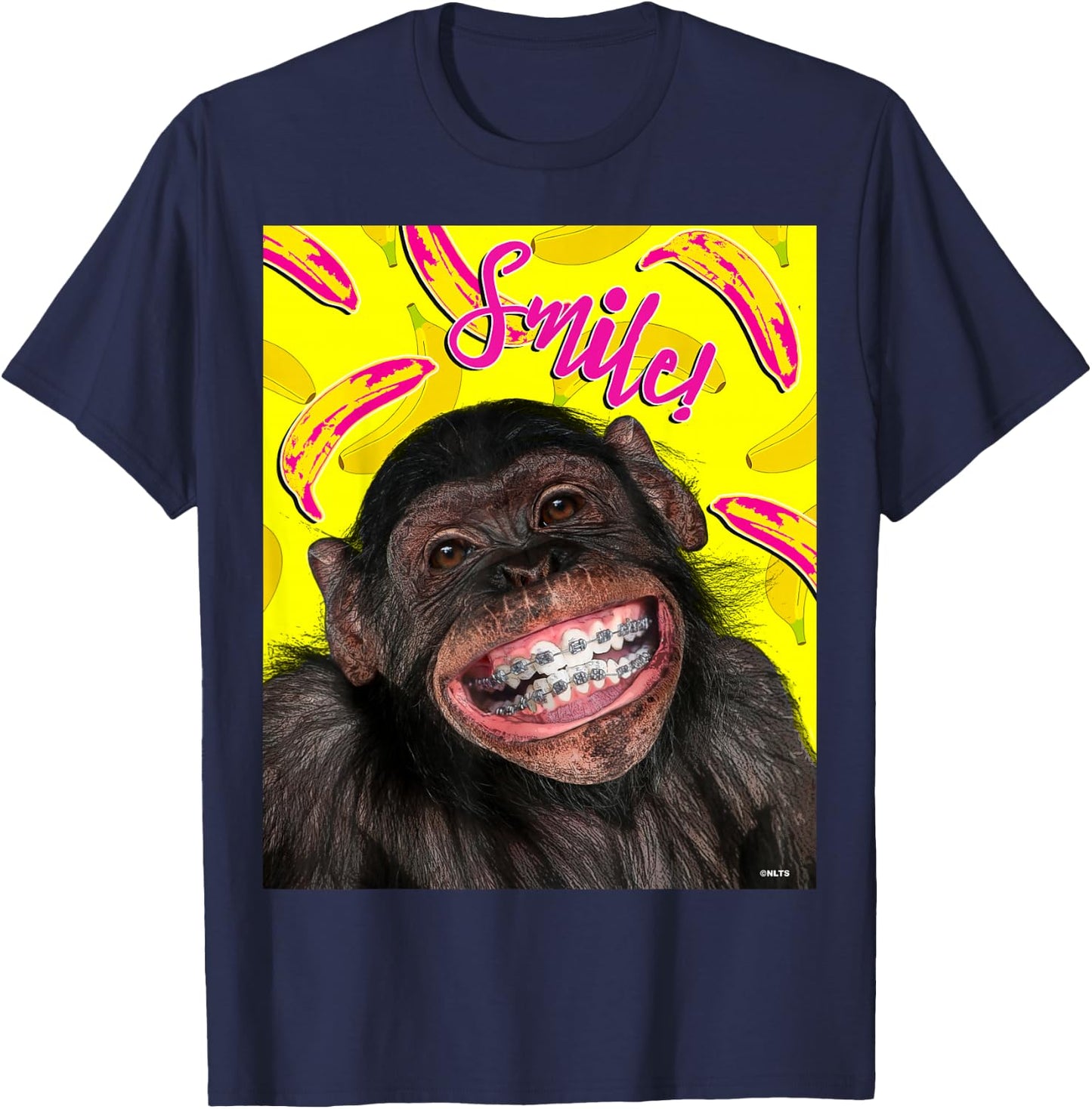Smile! Smiling chimpanzee with braces Funny Humor T-Shirt - T-Shirt | Navy