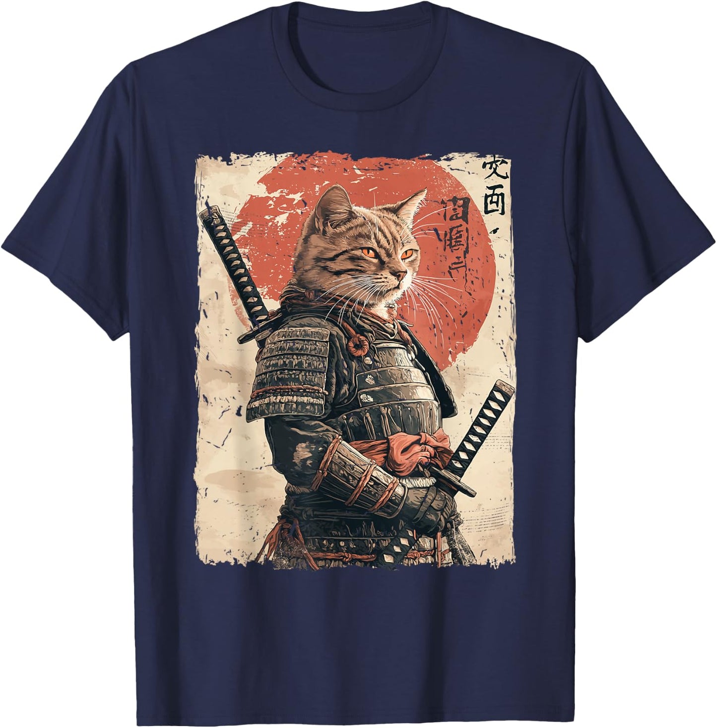 Samurai Cat Warrior Japanese Ukiyo-e Artwork Cat Samurai T-Shirt - T-Shirt | Navy