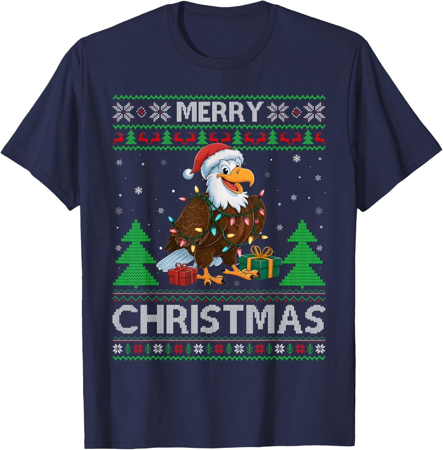 Ugly Xmas Sweater Style Lights Santa Eagle Christmas T-Shirt - T-Shirt | Navy