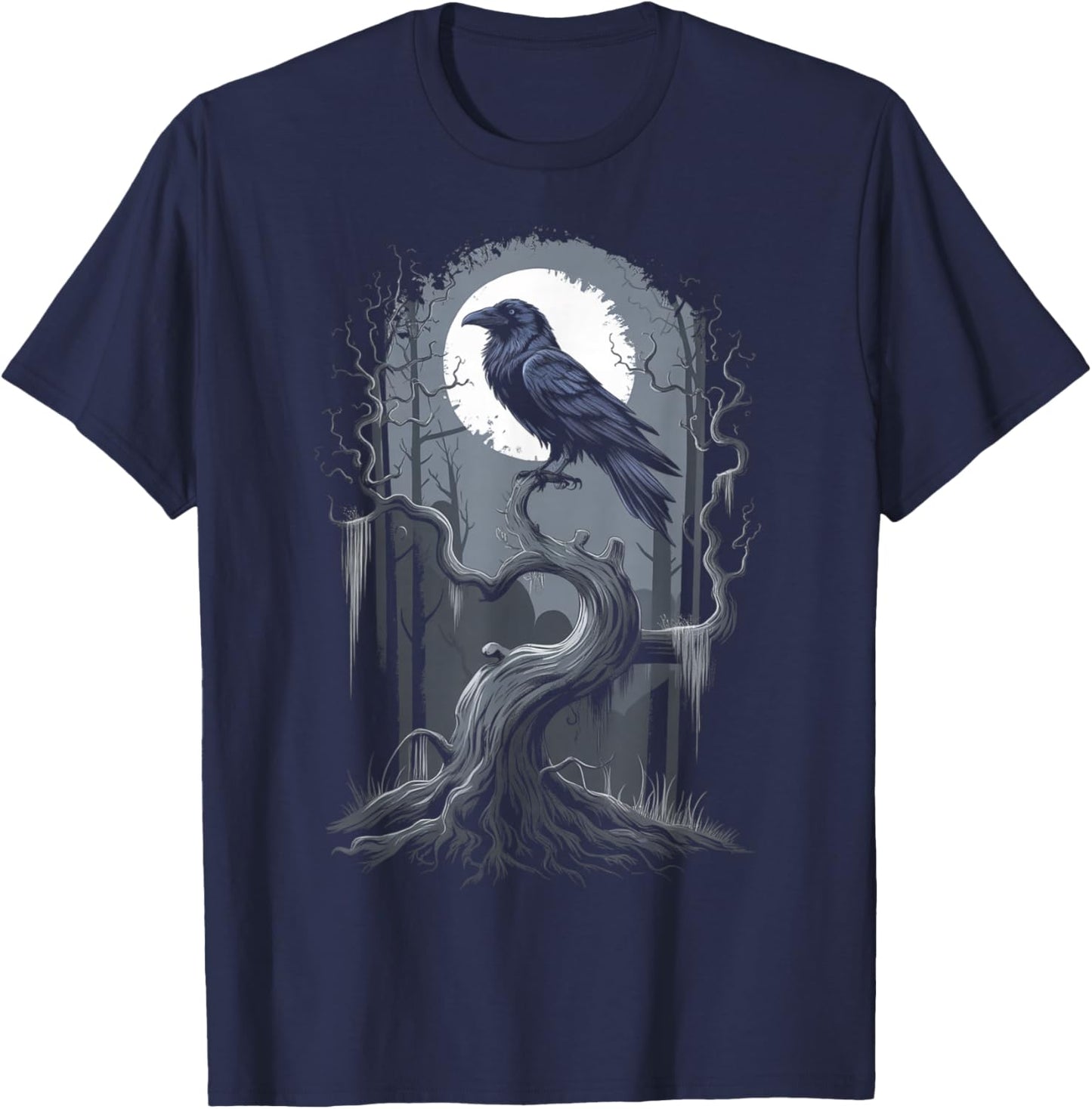 Black Crow Raven Bird Moon Forest T-Shirt - T-Shirt | Navy