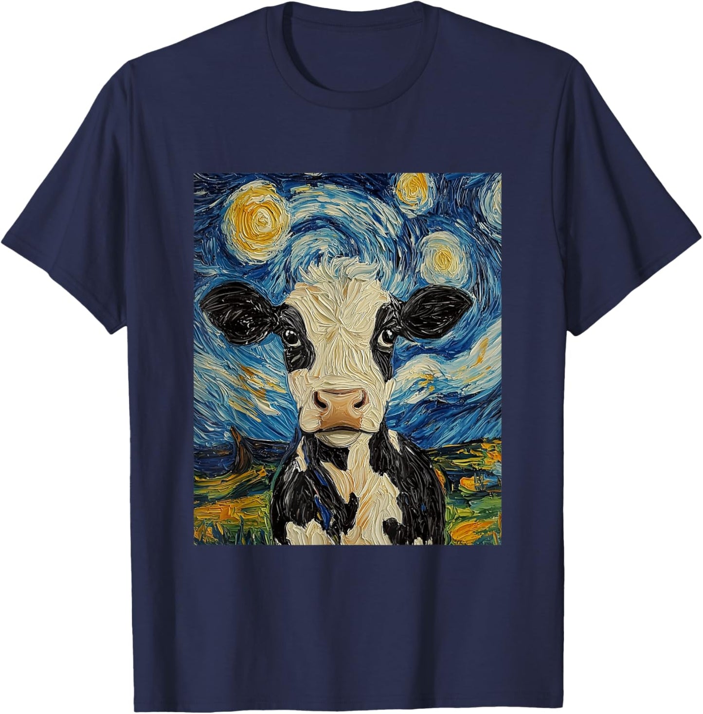 Cow Van Gogh Style Starry Night Funny Graphic T-Shirt - T-Shirt | Navy