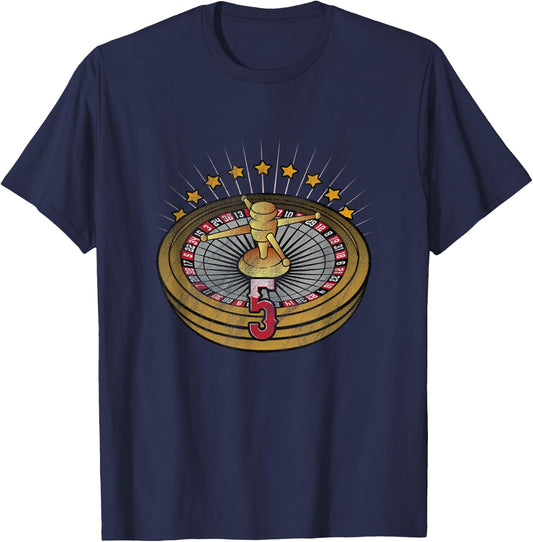 Lucky Number 5 Roulette Wheel Gambling Distressed T-Shirt - T-Shirt | Navy
