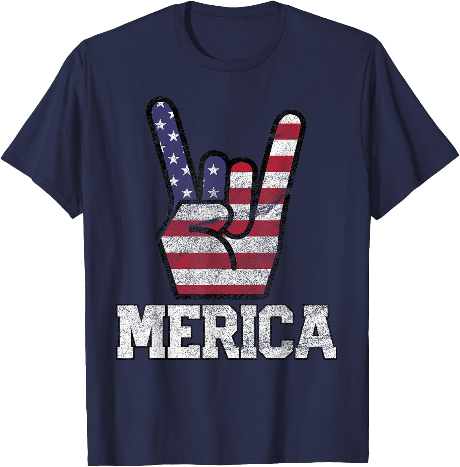 Merica Rock Sign 4th of July Vintage American Flag Retro USA Small T-Shirt - T-Shirt | Navy