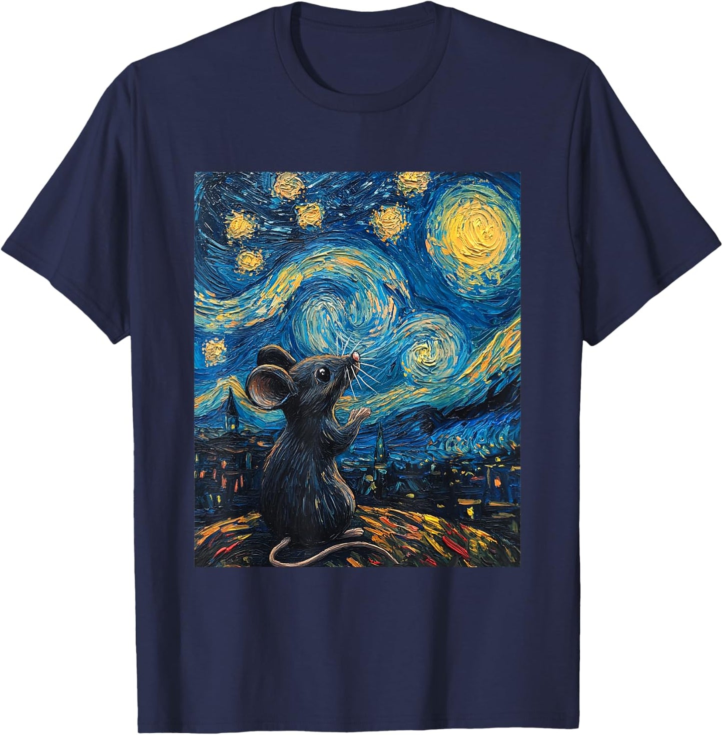 Cute Mouse Rat - Van Gogh Style - Starry Night Graphic T-Shirt - T-Shirt | Navy
