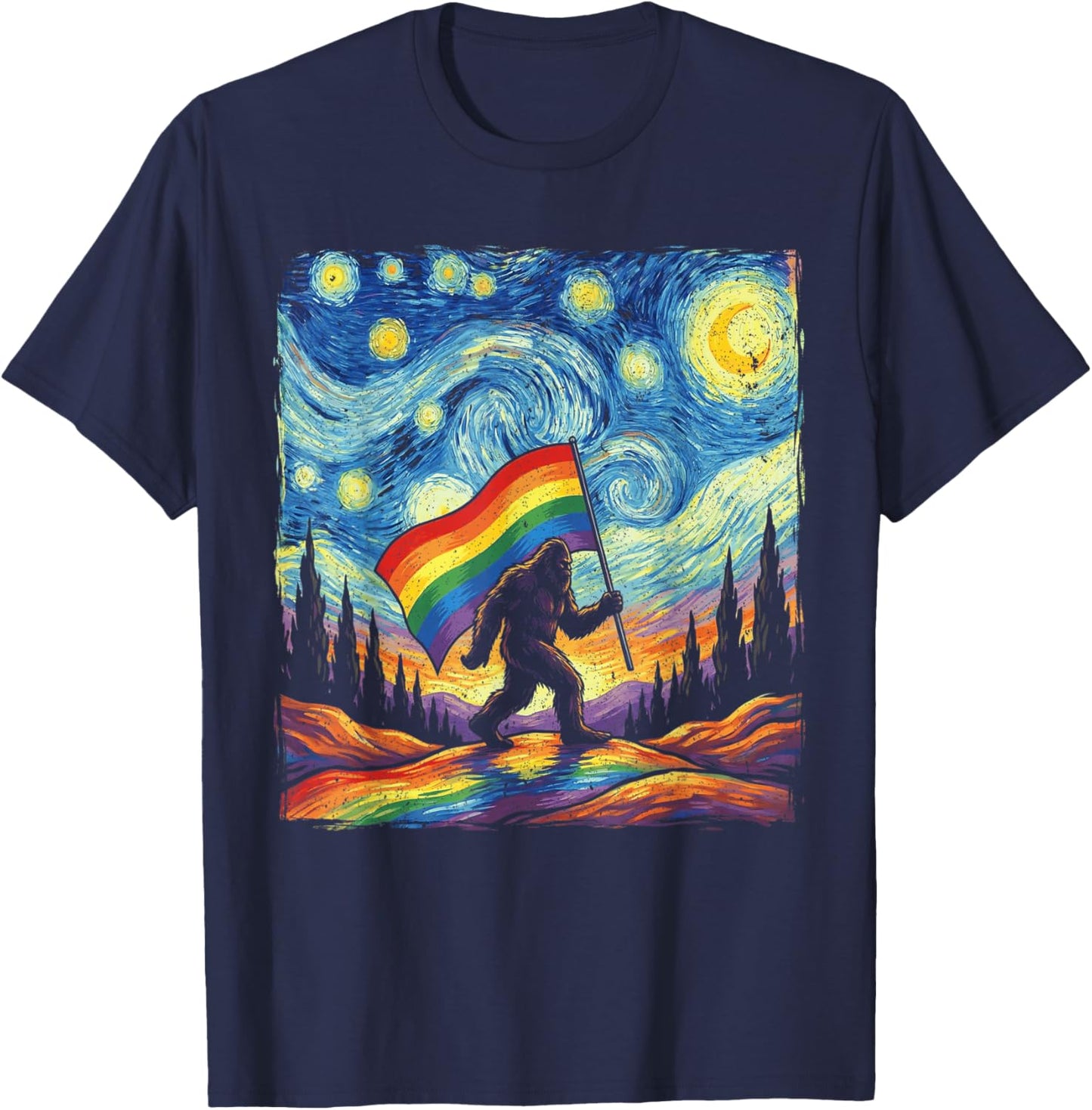 Bigfoot Starry Night Sasquatch Gay Pride LGBT Support T-Shirt - T-Shirt | Navy