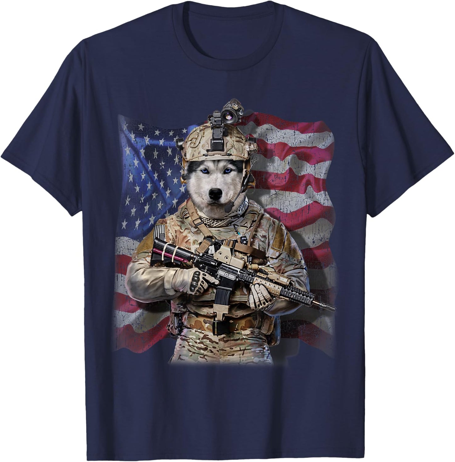 USA Patriot Siberian Husky Dog as Army Commando T-Shirt - T-Shirt | Navy
