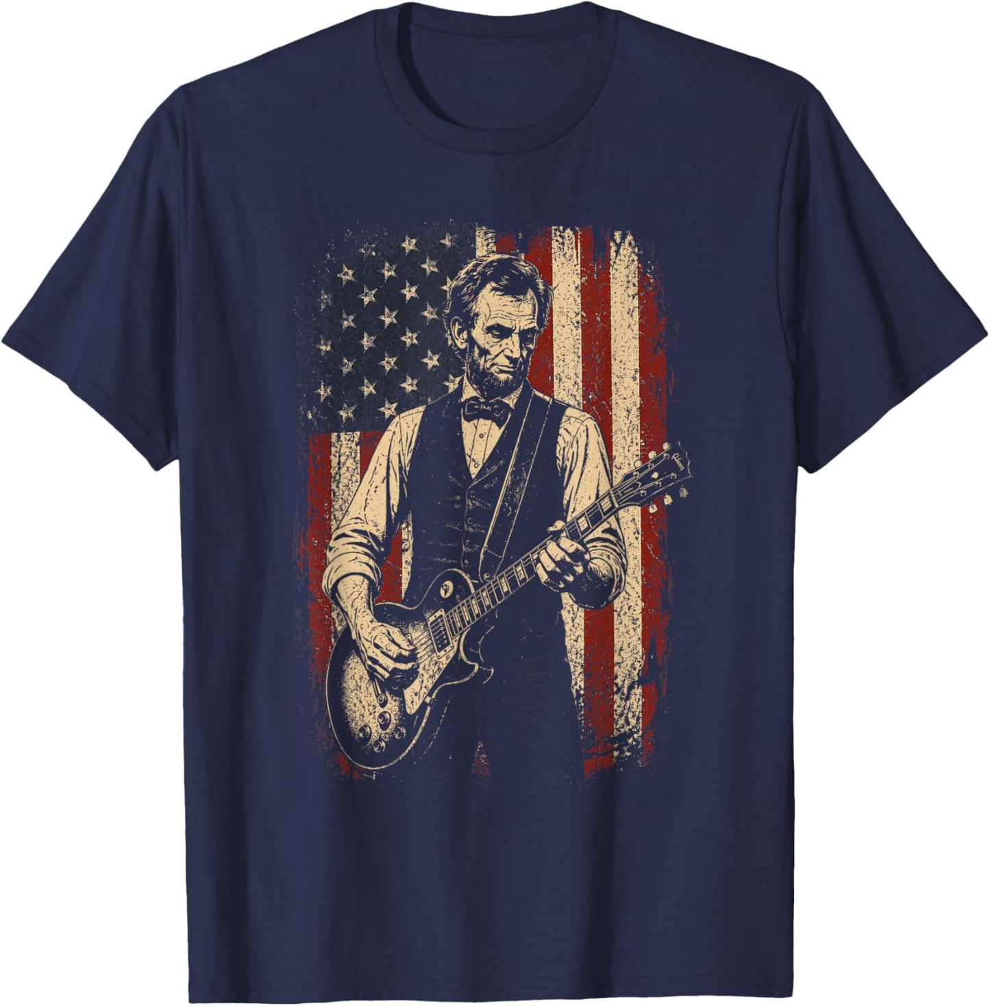 Abraham Lincoln Abe Lincoln Playing Guitar American Flag T-Shirt - T-Shirt | Navy