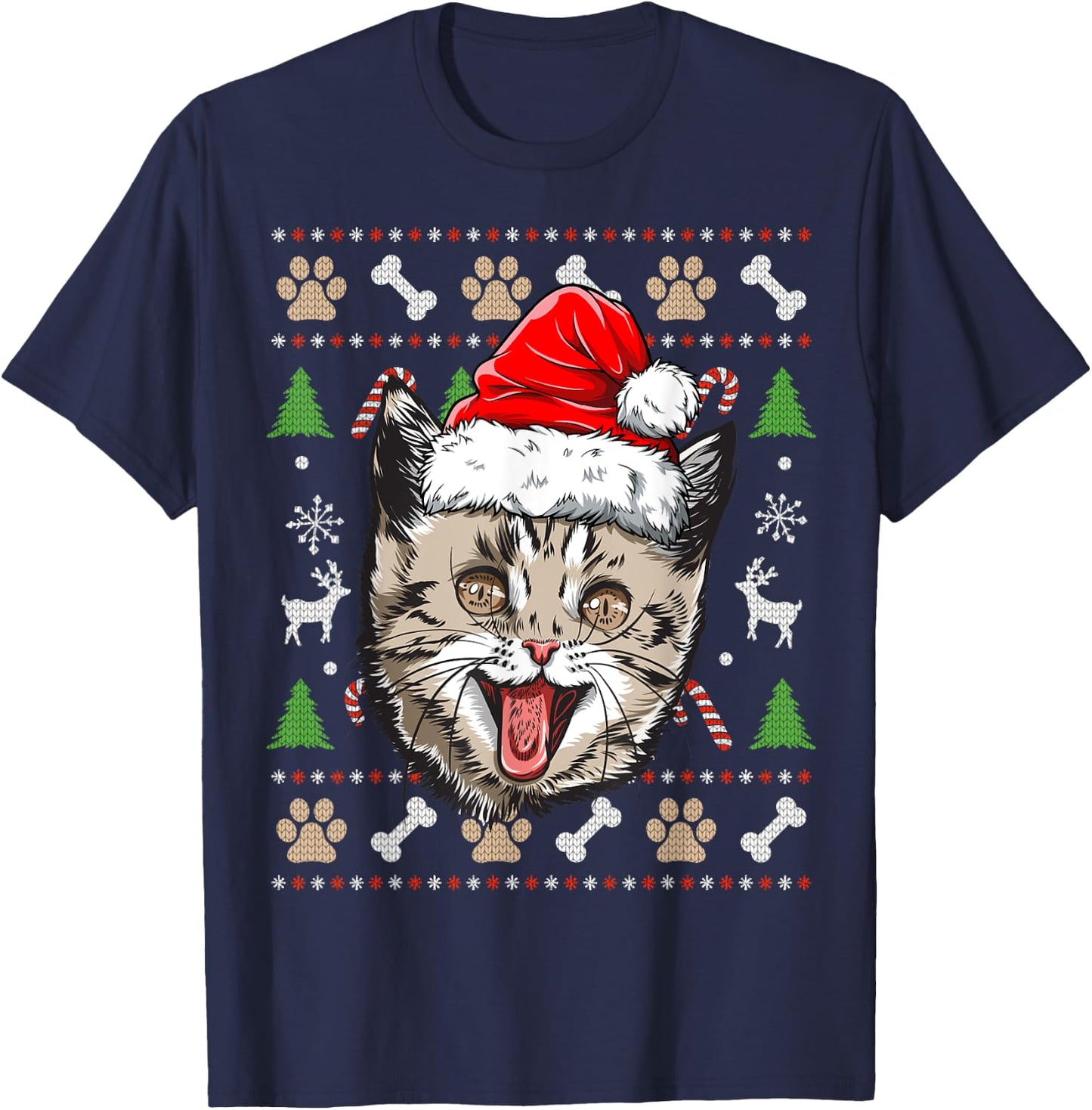 Cat Ugly Christmas Santa Hat Xmas Boys Kids Girls Catmas T-Shirt - T-Shirt | Navy
