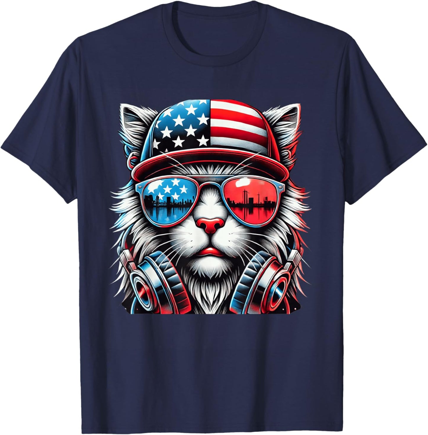 4th of July Cat USA Flag Patriotic Funny Men Boys Kids T-Shirt - T-Shirt | Navy