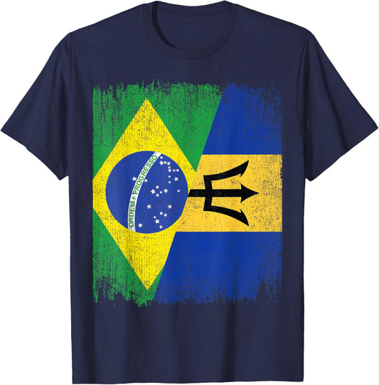 Half Brazil Barbados Split Flag Brazilian Barbadian Roots T-Shirt - T-Shirt | Navy