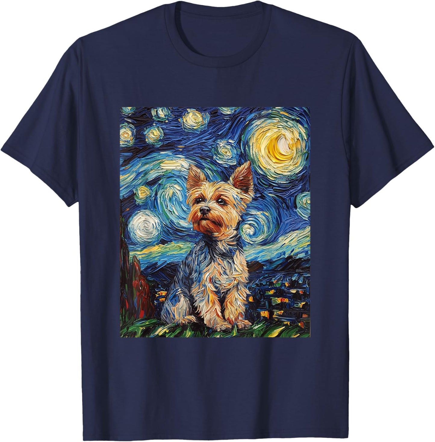 Yorkshire Terrier Yorkie Dog Van Gogh Style Starry Night T-Shirt - T-Shirt | Navy