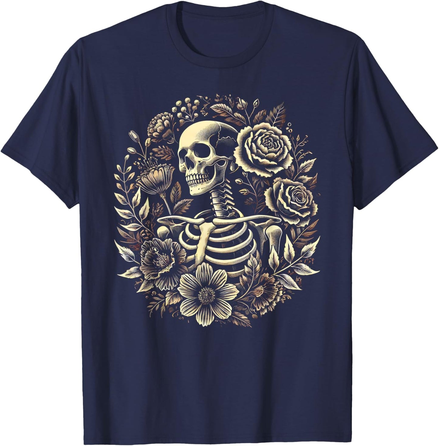 Floral Skeleton Flowers Goth Occult Death Dark Aesthetic T-Shirt - T-Shirt | Navy