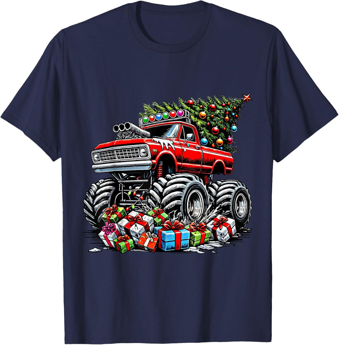 Monster Truck Crushing Christmas Tree Boys Kids Toddler T-Shirt - T-Shirt | Navy